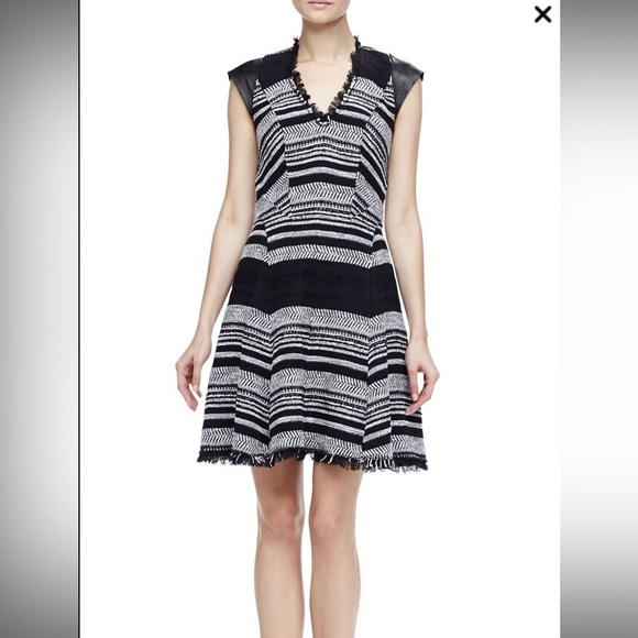 Rebecca Taylor Black White Tweed stripe leather cap sleeve Midi flare Dress 6 - Picture 13 of 13